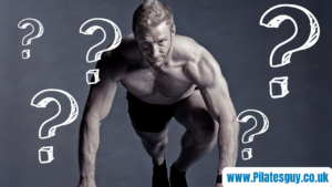 An image of a male pilates instructor in plank position with questions marks around him to add mystery
